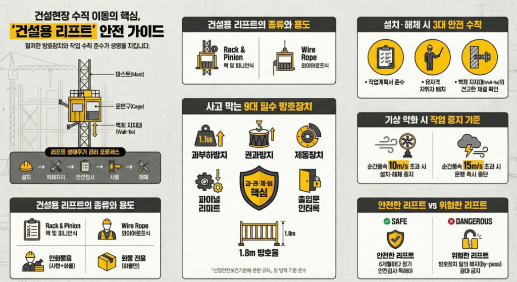 건설용 리프트 안전 가이드 인포그래픽