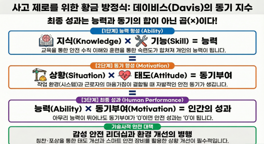 데이비스의 성과 결정 공식과 동기 지수 구성 요소를 설명한 인포그래픽