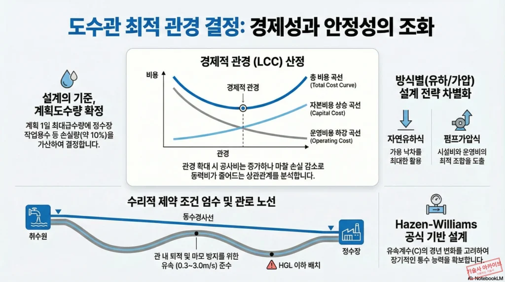 도수관 최적 관경 결정 전략 인포그래픽