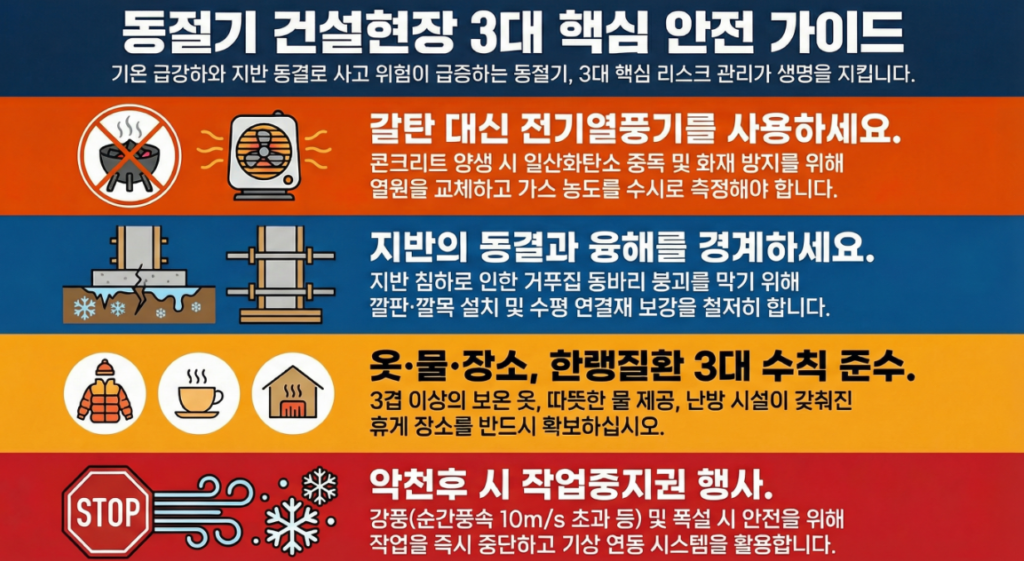 동절기 건설현장 핵심 안전 가이드 인포그래픽