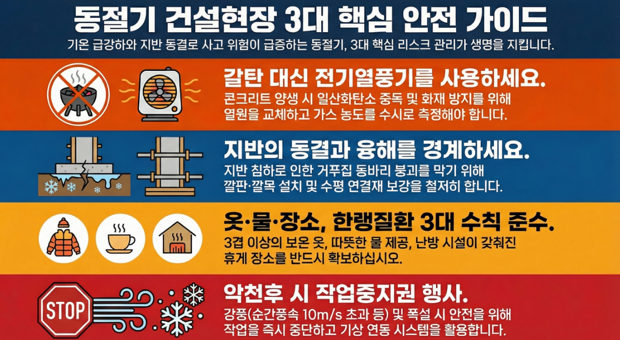 동절기 건설현장 핵심 안전 가이드 인포그래픽