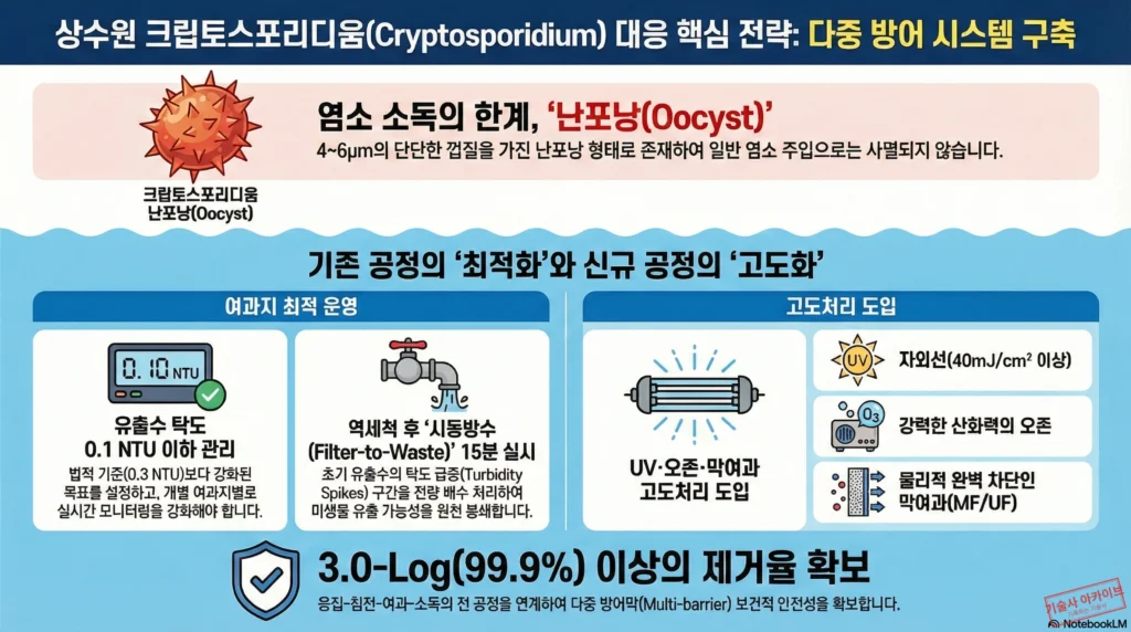 상수원 크립토스포리디움 다중 방어 전략 인포그래픽