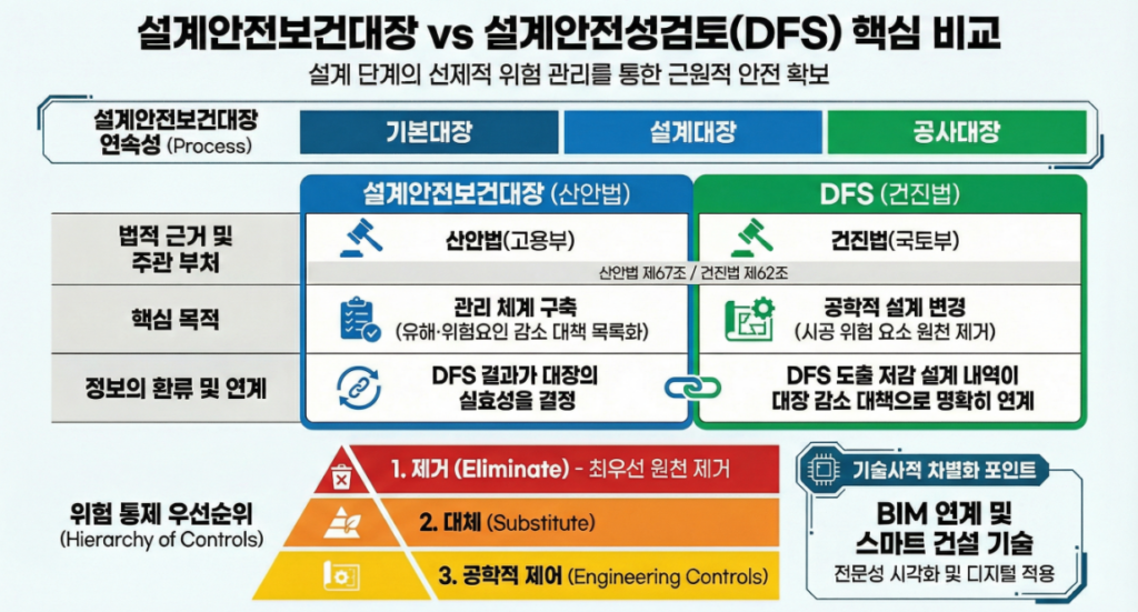 설계안전보건대장과 설계안전성검토 DFS의 법적 근거 및 작성 프로세스를 비교한 인포그래픽