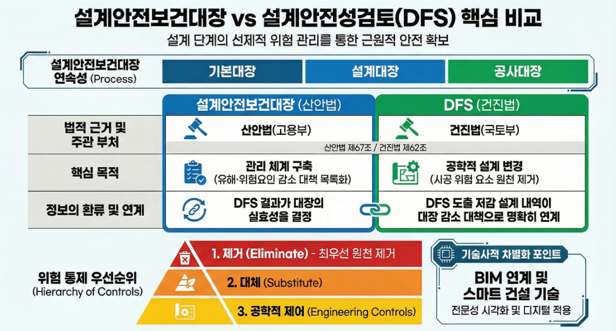 설계안전보건대장과 설계안전성검토 DFS의 법적 근거 및 작성 프로세스를 비교한 인포그래픽