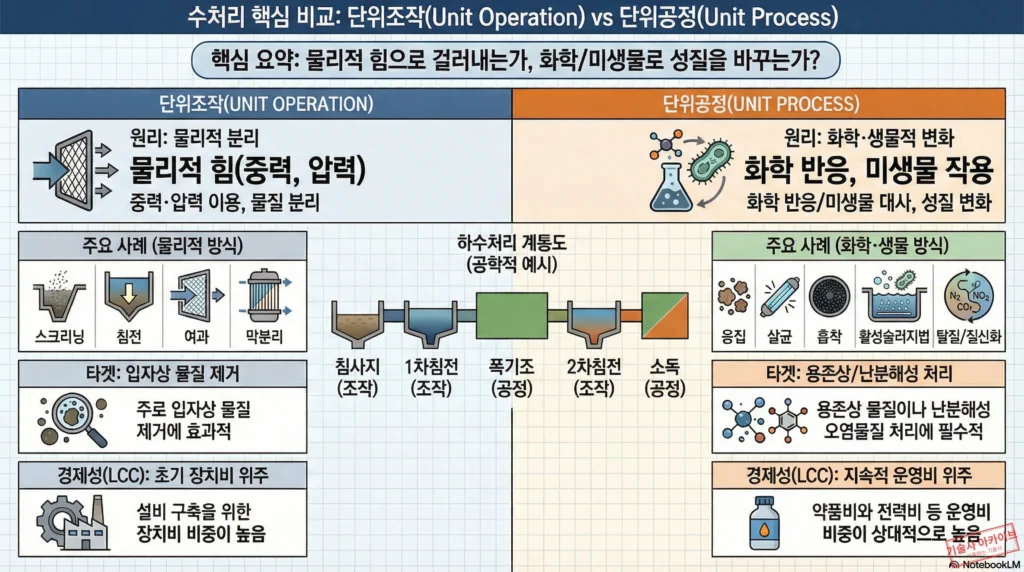 수처리 단위조작 및 단위공정 비교 인포그래픽
