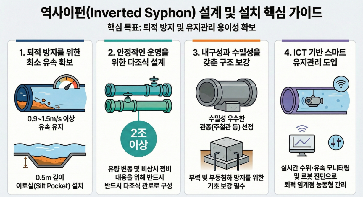 역사이펀 설계 및 설치 핵심 가이드 인포그래픽