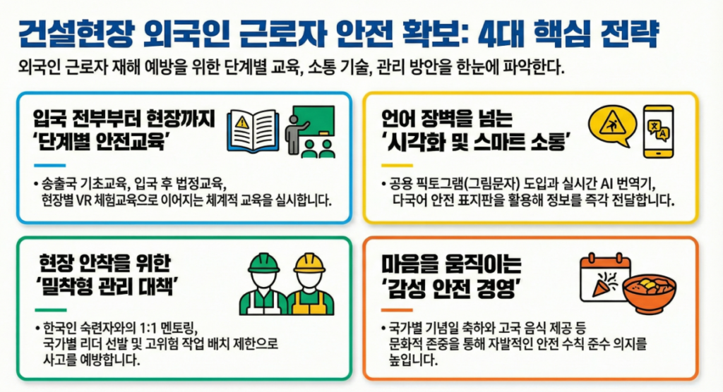 건설 현장에서 다국어로 표기된 안전 수칙 표지판과 근로자 보호구 착용 안내 픽토그램 이미지