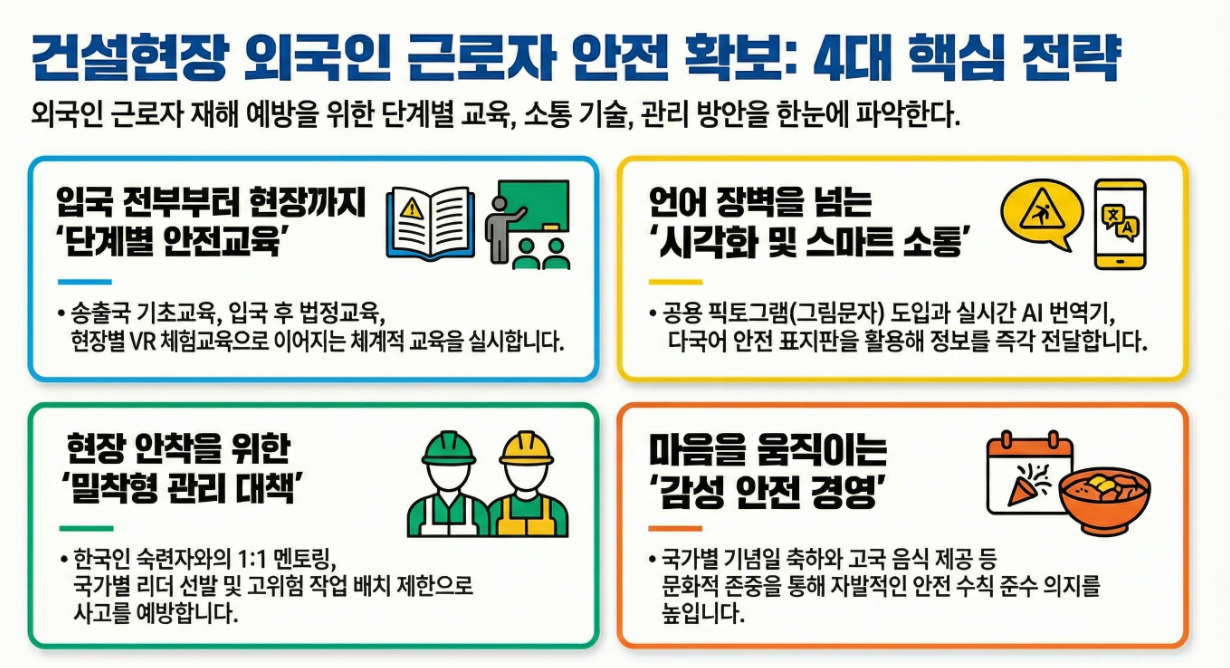 건설 현장에서 다국어로 표기된 안전 수칙 표지판과 근로자 보호구 착용 안내 픽토그램 이미지