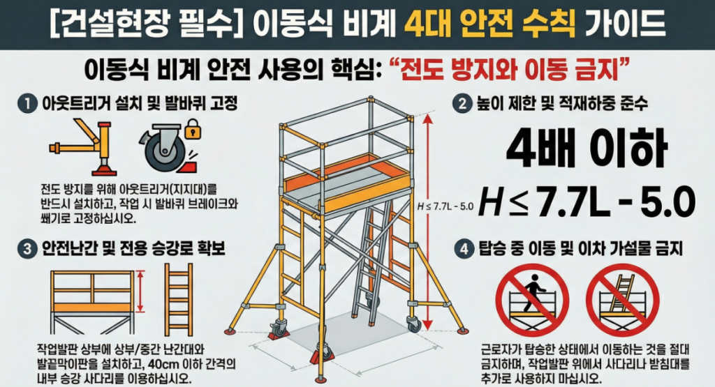 KOSHA GUIDE 기준 이동식 비계의 주요 부재 명칭과 아웃트리거 설치 구조도