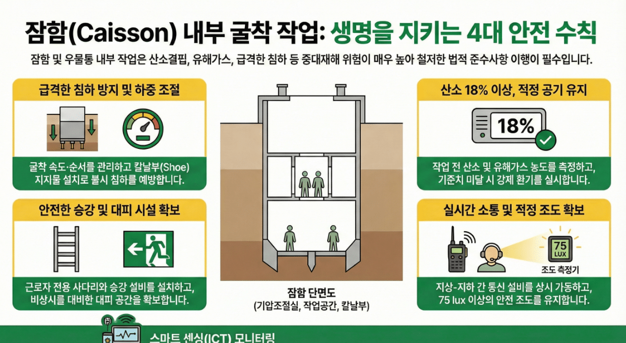 방금 공유해주신 잠함(Caisson) 내부 굴착 작업 4대 안전 수칙 인포그래픽에 맞춰, 워드프레스 검색 최적화(SEO)와 수험생 가독성을 모두 잡을 수 있는 입력 내용을 정리해 드립니다. 🖼️ 이미지 세부 사항 입력 텍스트 1. 대체 텍스트 (Alt Text) 건설안전기술사 잠함 Caisson 내부 굴착 작업 4대 안전수칙 산소결핍 침하방지