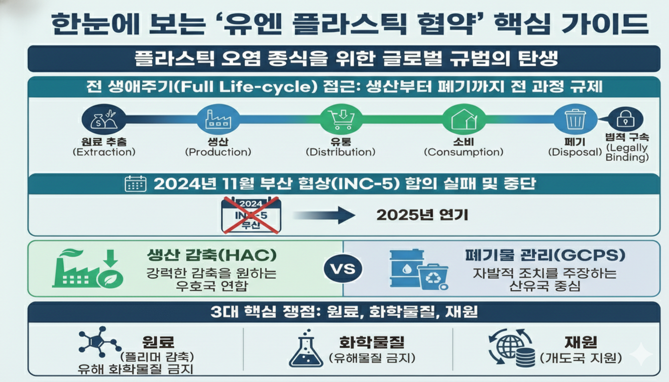 유엔 플라스틱 협약 핵심 가이드 인포그래픽. 전 생애주기 접근, 부산 협상(INC-5) 결과 및 2025년 연기 소식, HAC와 GCPS의 쟁점 비교 정리