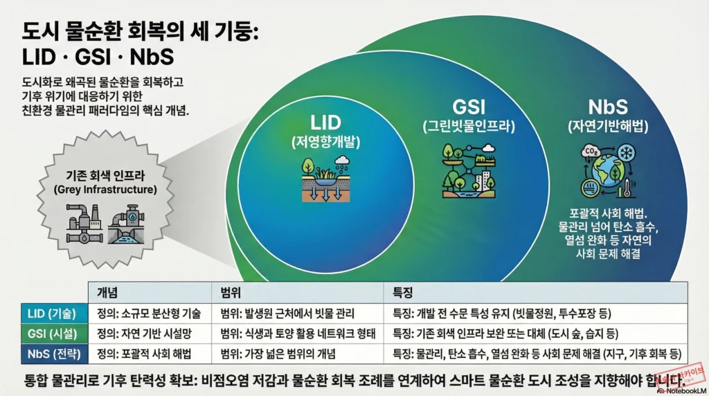 도시 물순환 회복의 세 기둥 인포그래픽