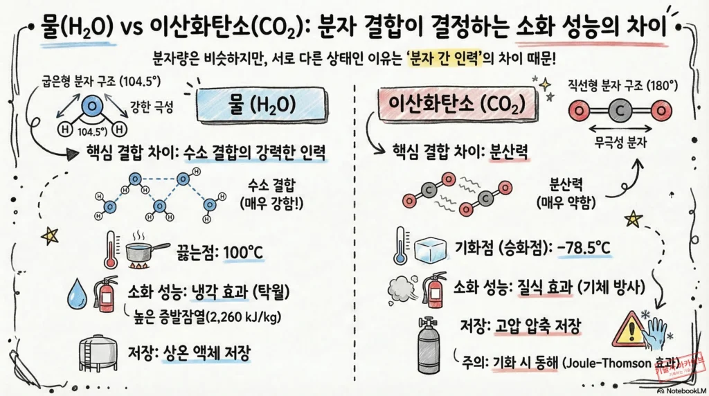 물과 이산화탄소 소화 성능 비교 인포그래픽