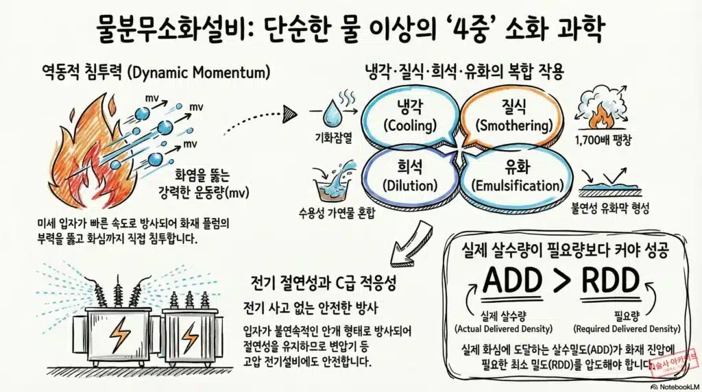 물분무소화설비의 4중 소화 원리 인포그래픽