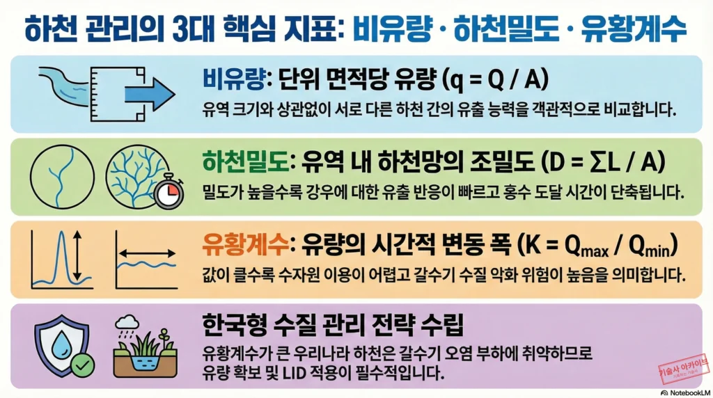 하천 관리 3대 핵심 지표(비유량, 하천밀도, 유황계수) 인포그래픽