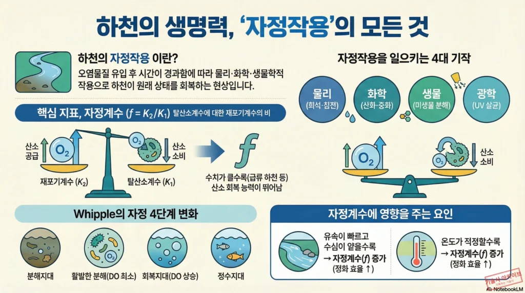 하천의 자정작용 원리와 단계 인포그래픽