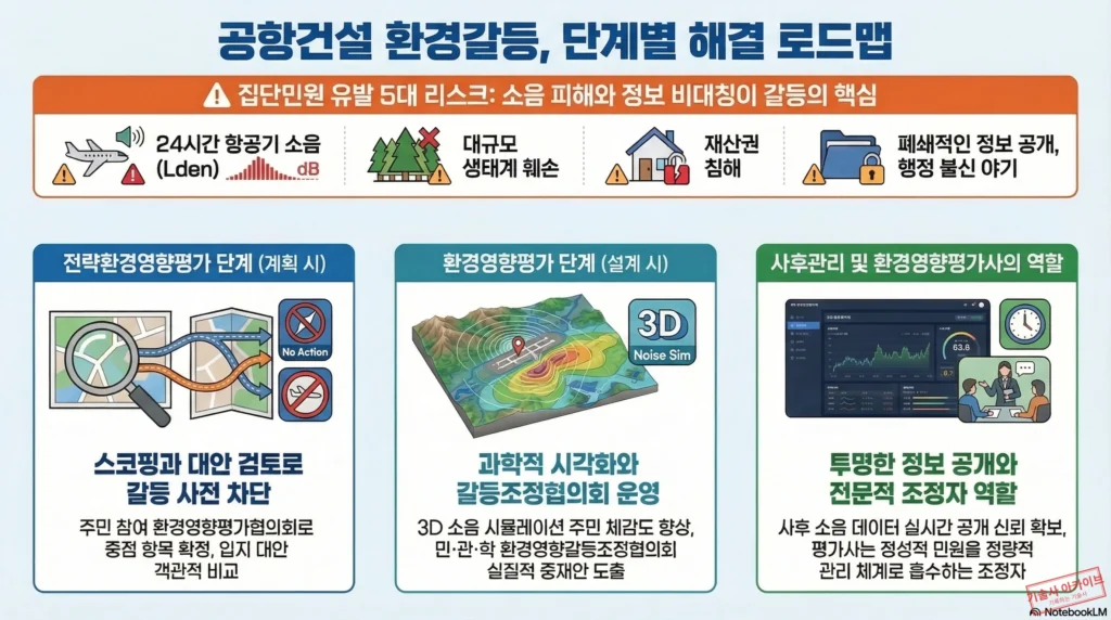 공항건설 환경갈등 단계별 해결 로드맵 인포그래픽